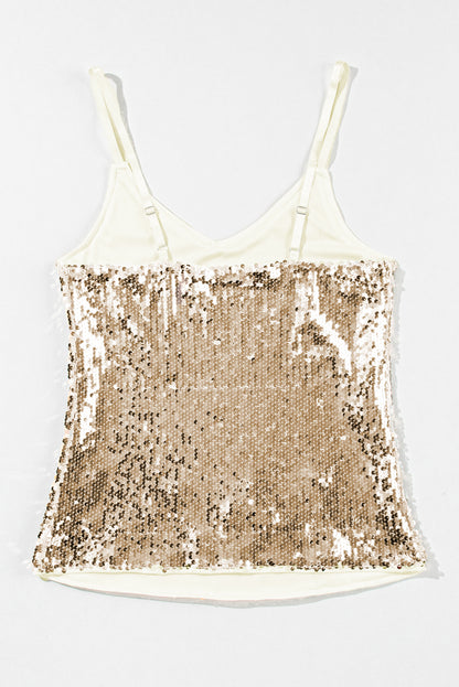 Light Beige Adjustable Spaghetti Straps Sequins Camisole