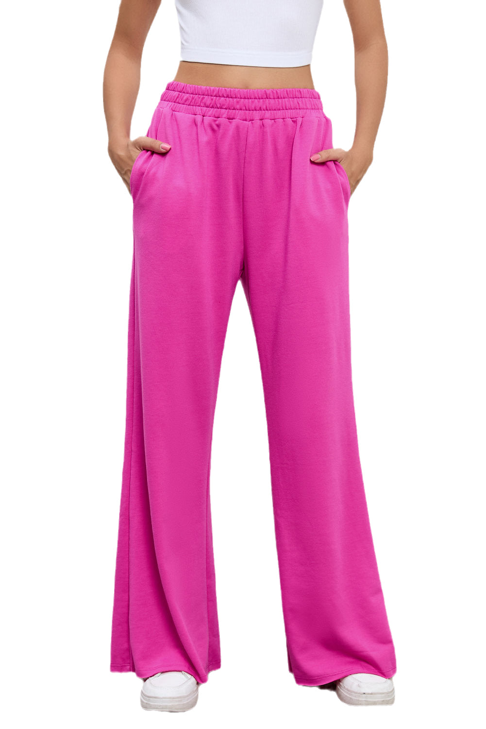 Rose Elastic High Waisted Wide Leg Sweatpants with Pockets