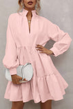 Pink Casual Stand V Neck Short Frill Dress