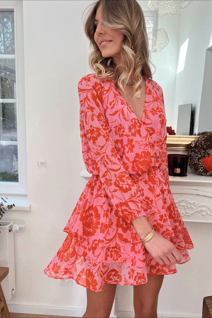 Red Floral Print Wrap V Neck Long Sleeve Boho Dress