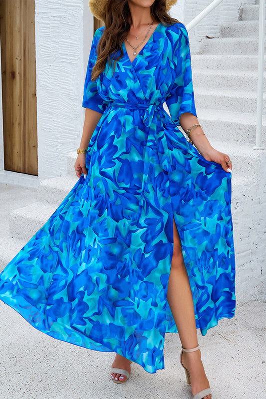 Blue Abstract Print Belted Side Slits Maxi Dress