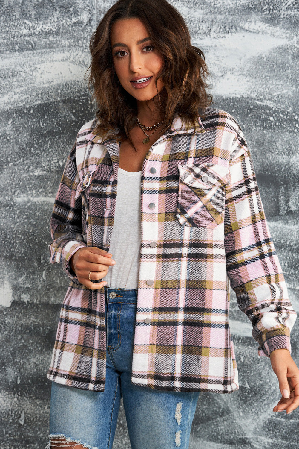 Wholesale Brown Plaid Button Up Long Sleeve Flannel Shacket