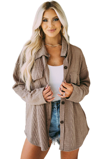 Khaki Casual Textured Button Front Oversized Knit Shacket