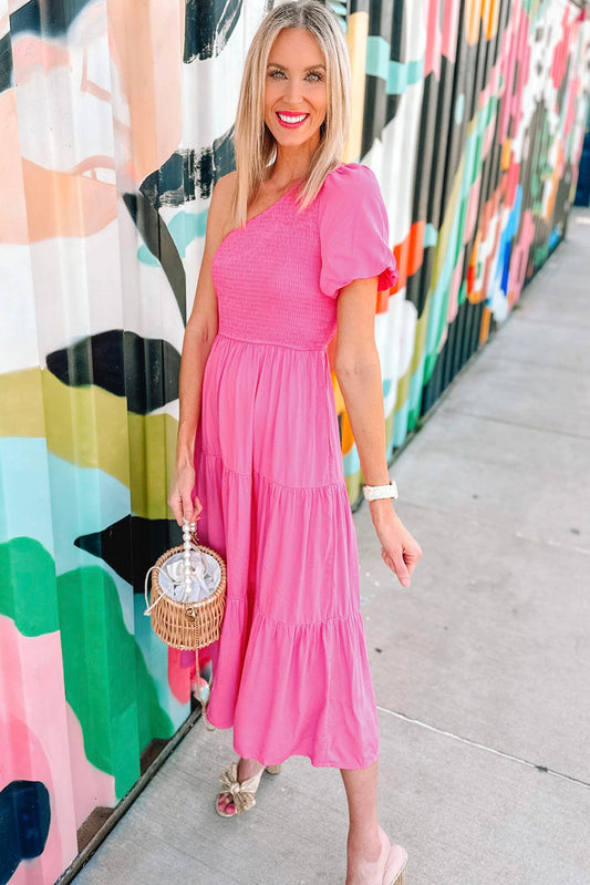 Strawberry Pink One Shouder Puff Sleeve Smocked Bodice Tiered Midi Dress