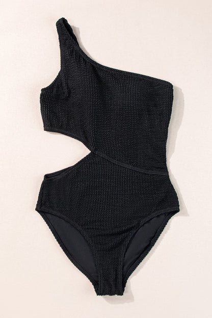 Black Solid Textured Cut Out Asymmetric One Piece Swimsuit