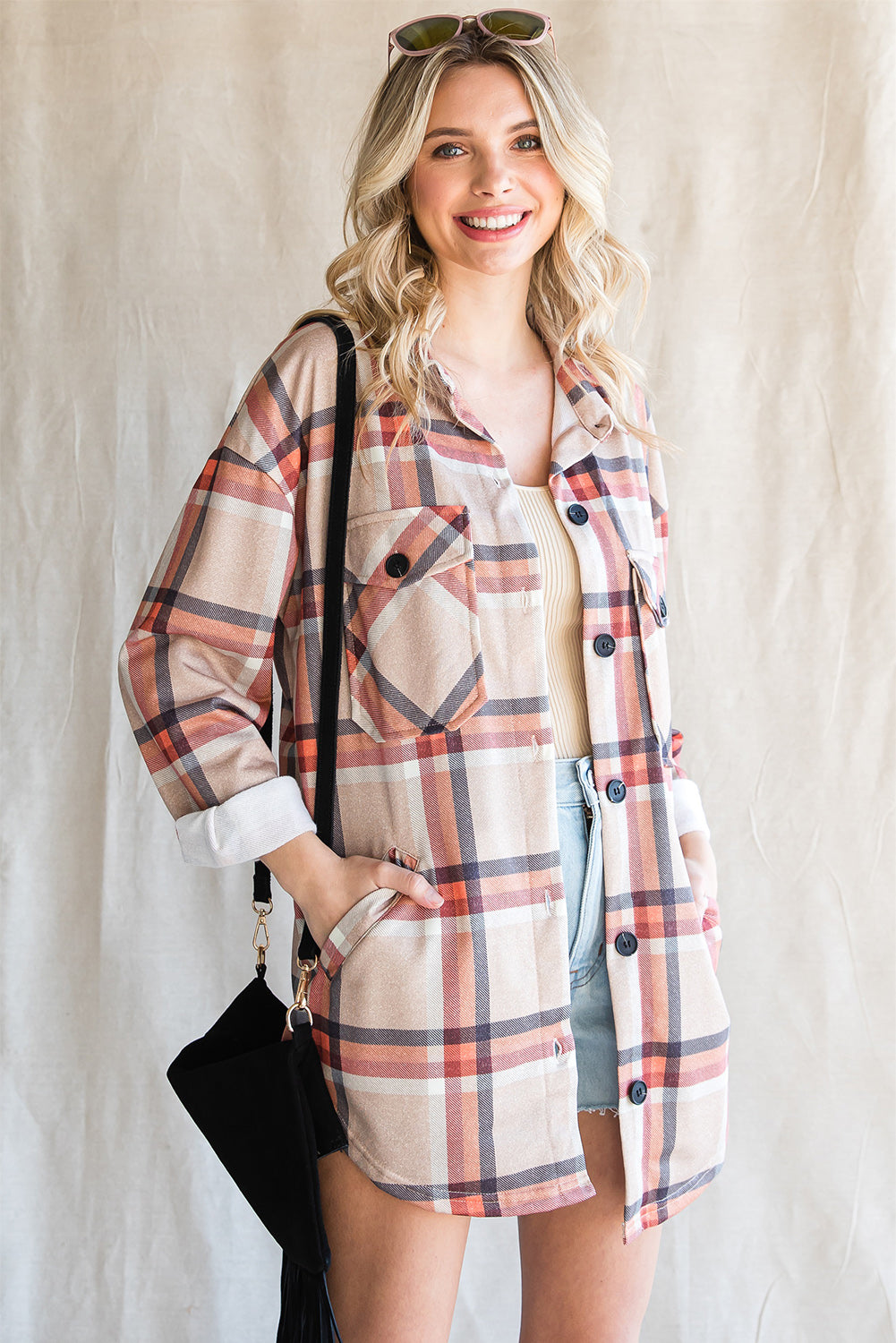 Khaki Plaid Casual Pockets Buttoned Shacket