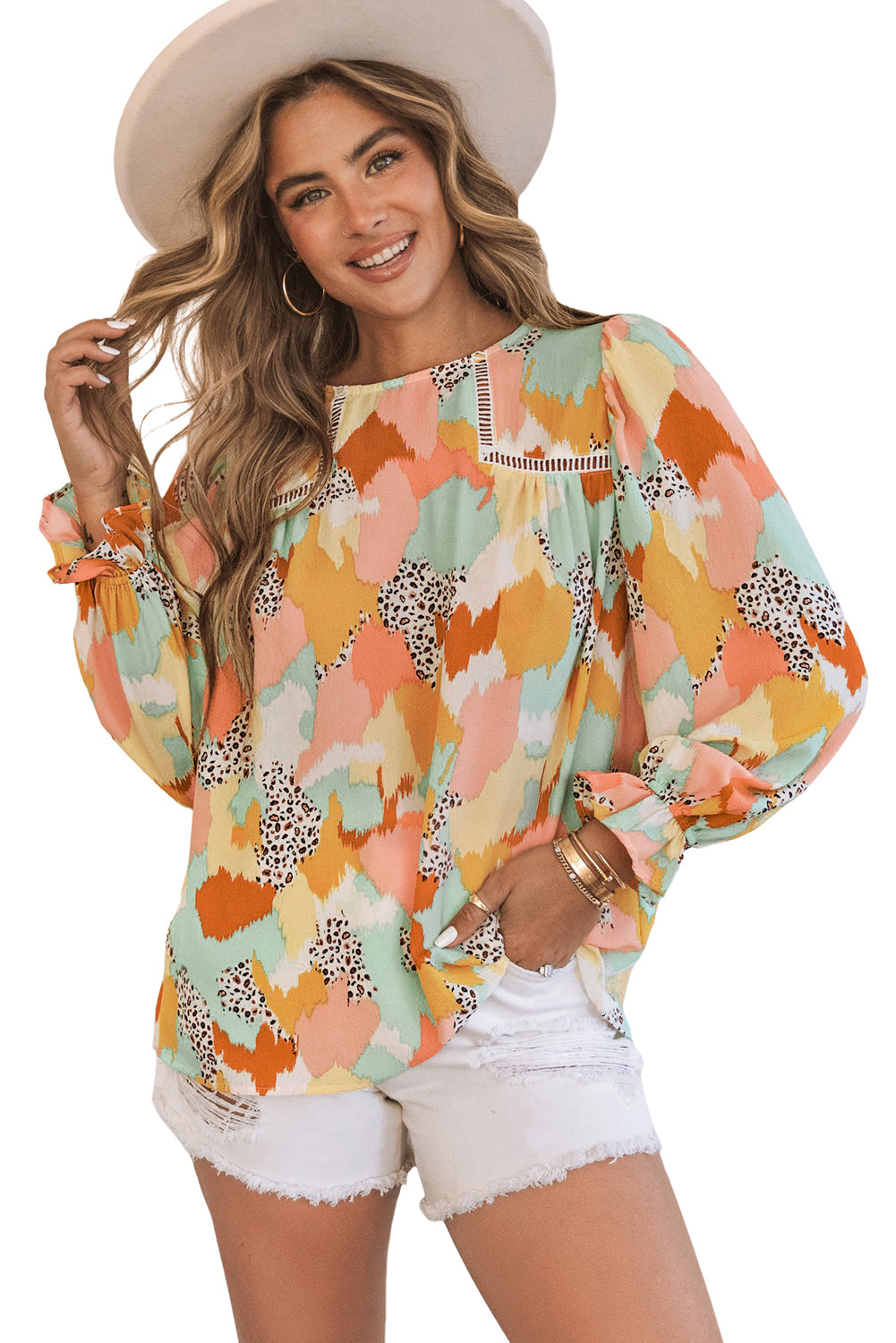 Multicolor Abstract Print Boho Frill Long Sleeve Blouse