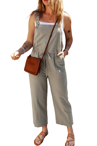 Sage Green Buttoned Straps Drawstring Cropped Overalls