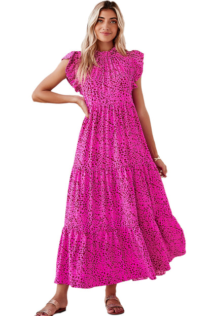 Rose Red Leopard Print Ruffle Sleeveless Maxi Dress