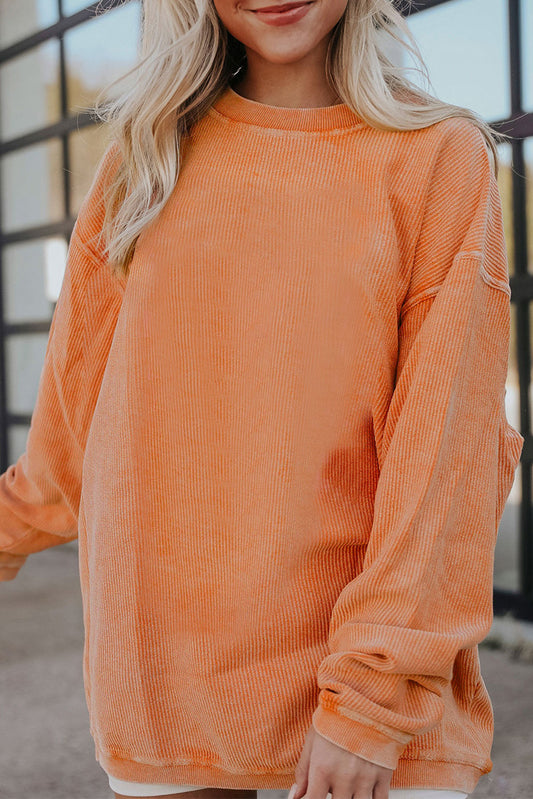 Orange Plain Drop Sleeve Rib-Knit Oversized Sweatshirt