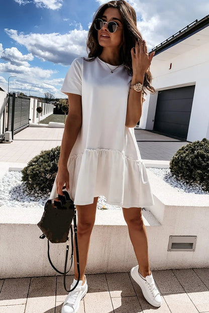 White Frill Flowy Hem Short Sleeve Mini Dress