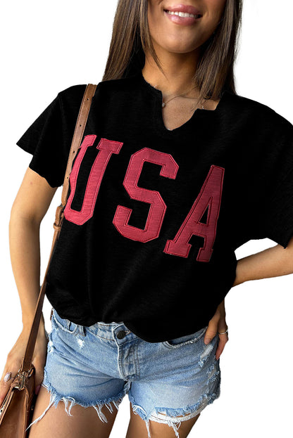 Dark Blue USA Lettering Patch Notched Neck Loose Tee