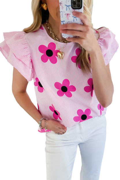 Pink Stripe Floral Print Ruffled Flutter Sleeve Blouse