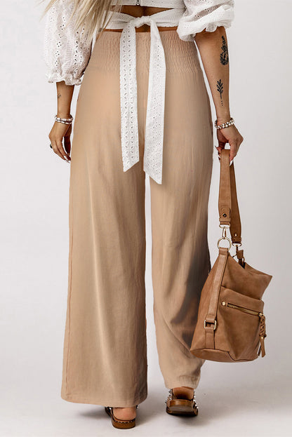 Khaki Smocked Wide Waistband High Waist Wide Leg Pants