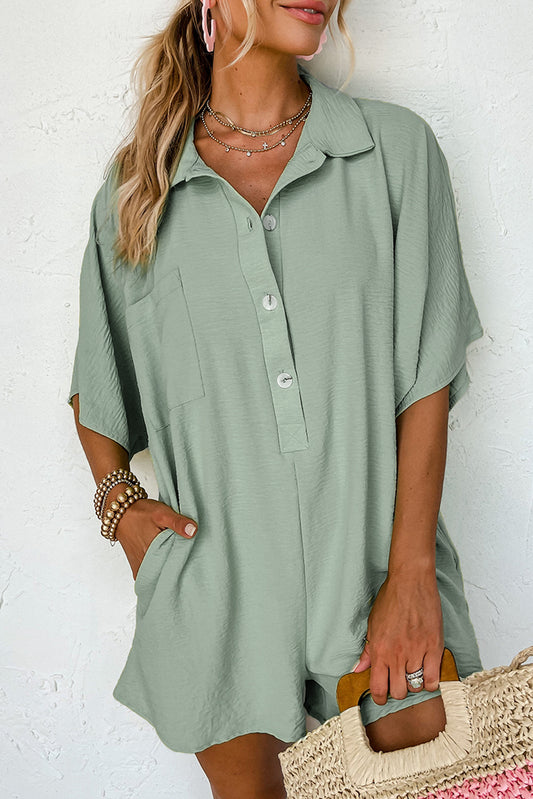 Spinach green romper, half button collar, pockets, loose fit, casual wear, IOPCCLOTHING