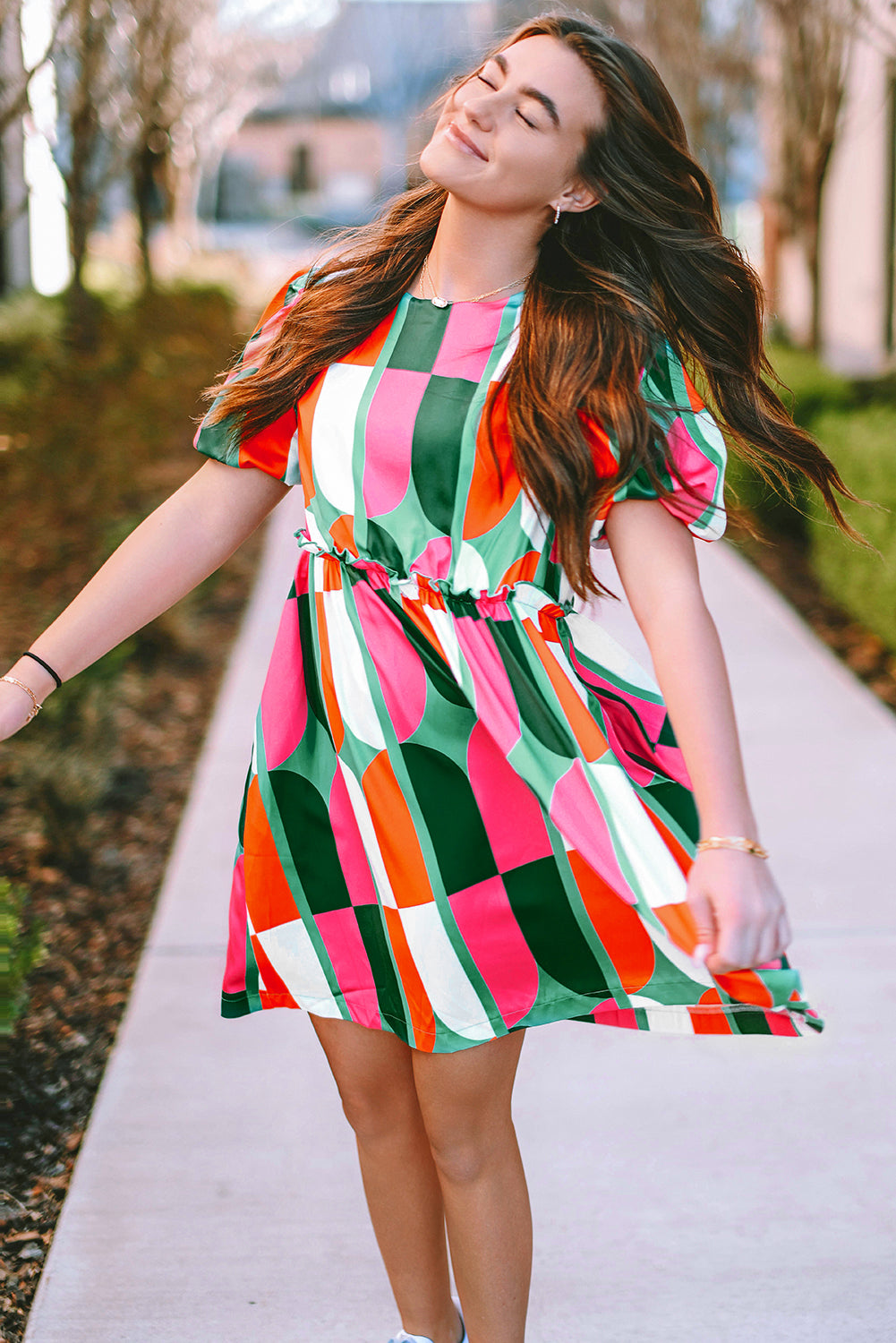 Green Abstract Print Puff Sleeve Short Dress