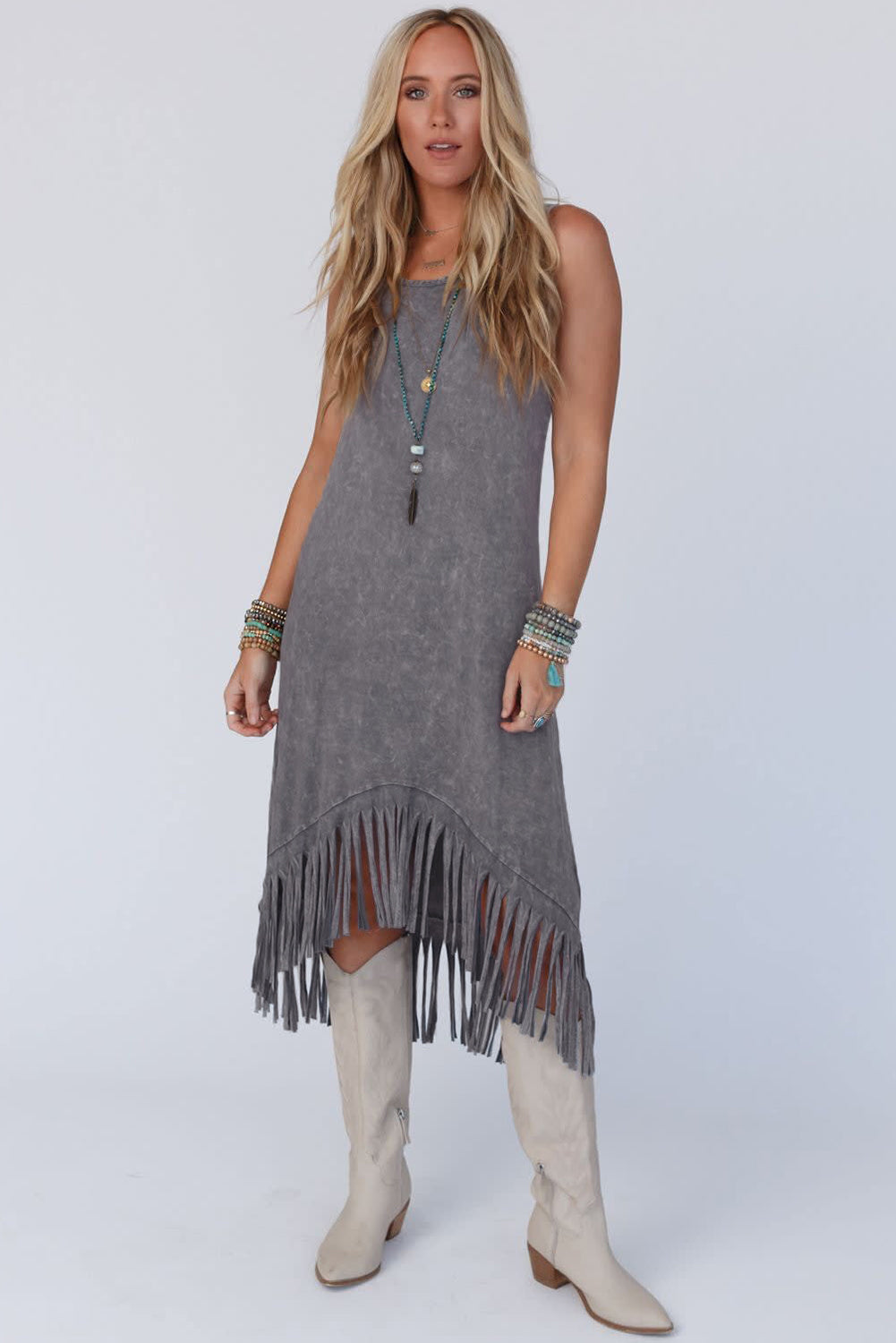 Gray Washed Sleeveless Fringe High Low Hem Maxi Dress