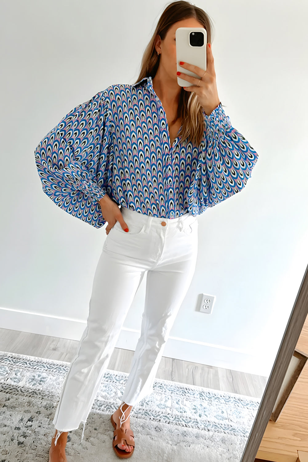 Sky Blue Abstract Print Collared Lantern Sleeve Shirt