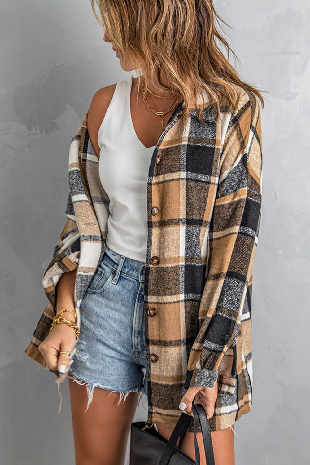 Wholesale Brown Plaid Button Up Long Sleeve Flannel Shacket