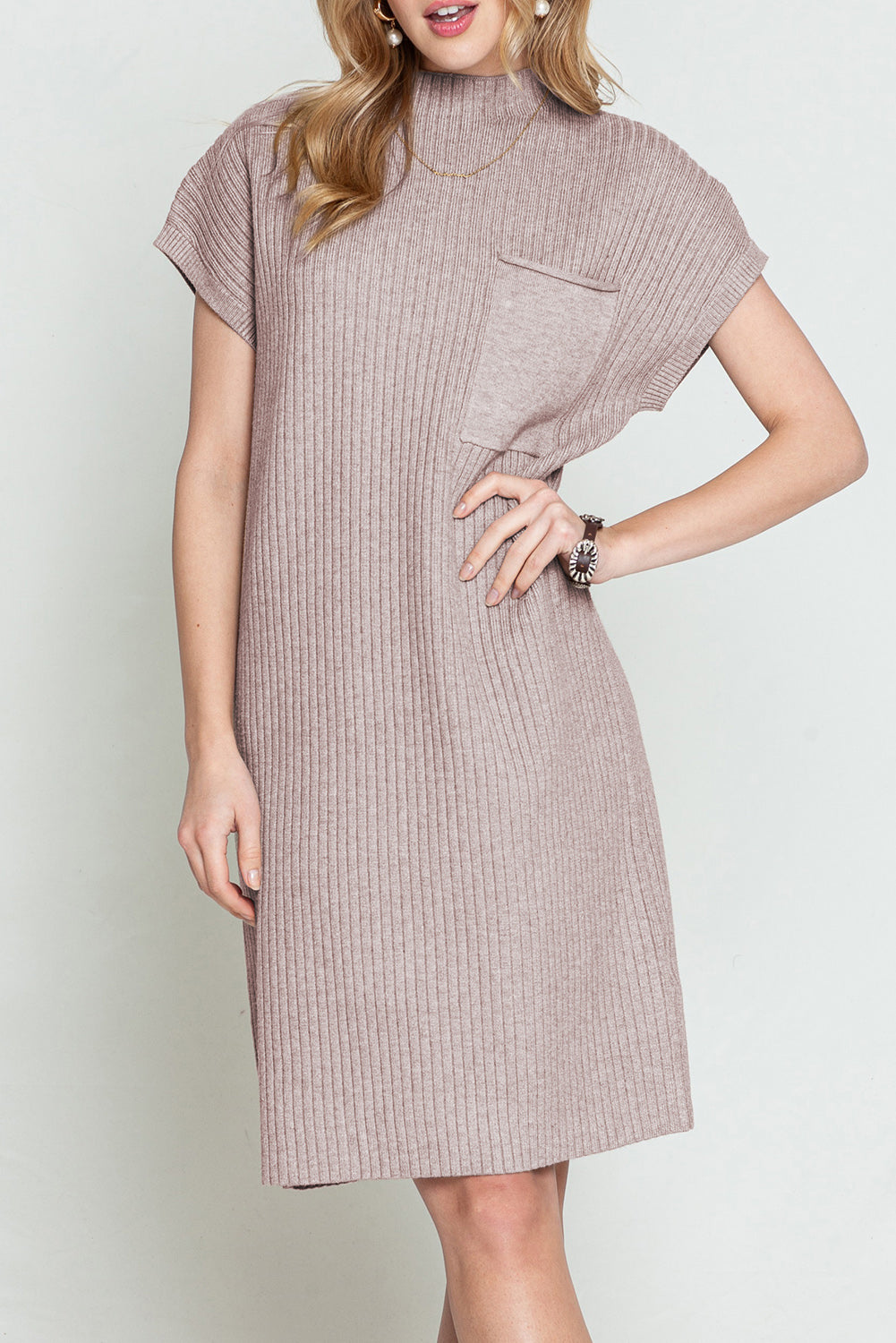 Oatmeal Patch Pocket Ribbed Knit Short Sleeve Sweater Dress