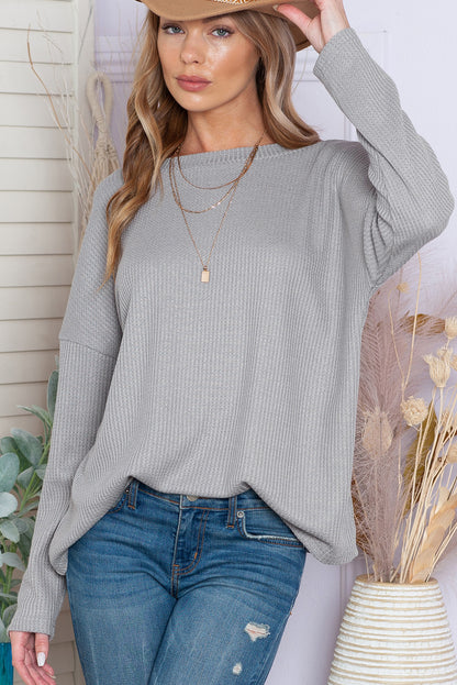 Grey Waffle Knit Cinched Backless Drop Shoulder Long Sleeve Top