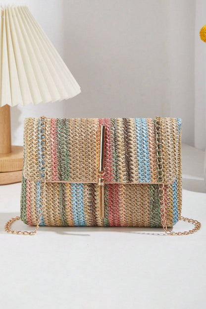 Camel Woven Striped Flapped Single Shoulder Bag