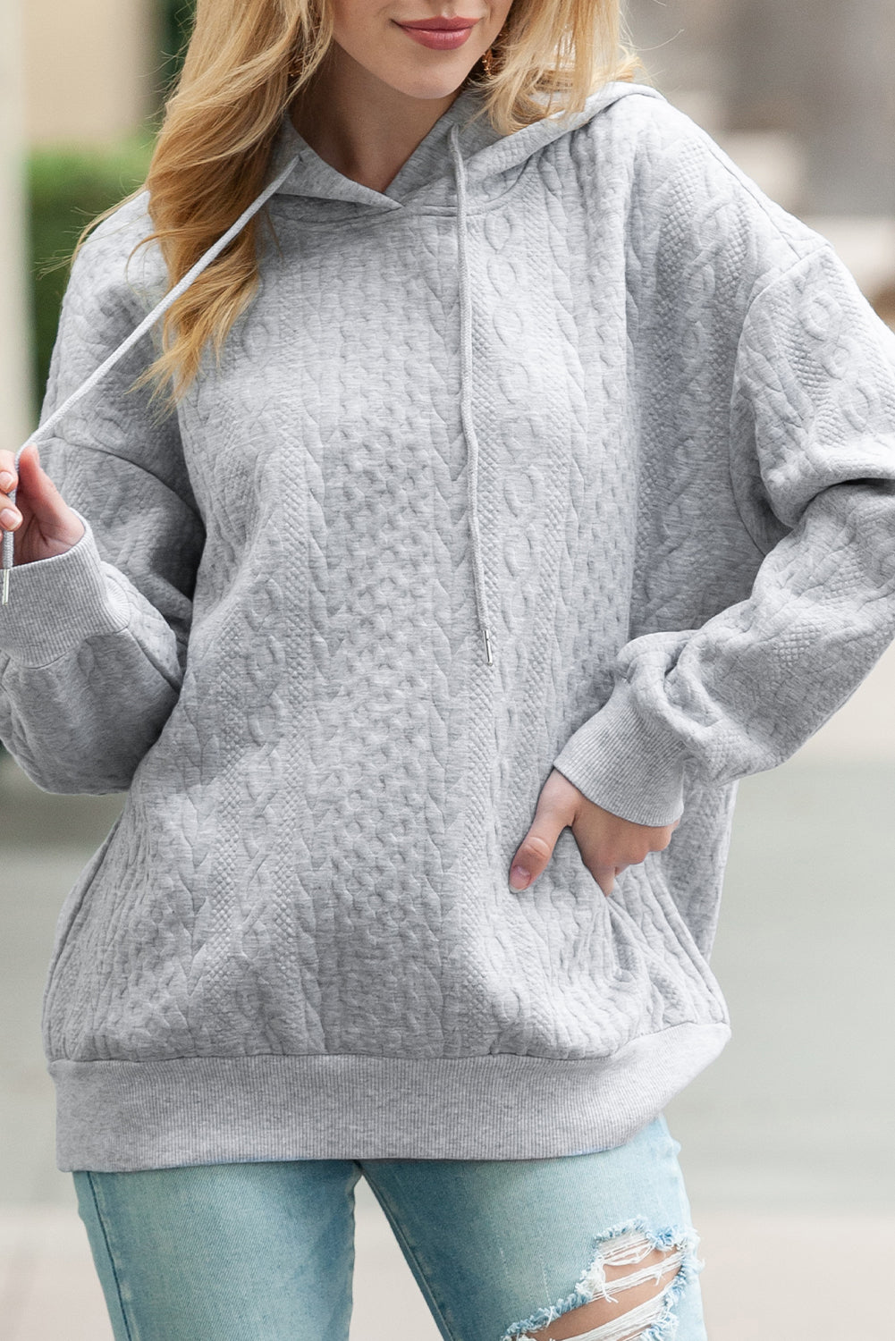 Gray Cable Textured Casual Drawstring Hoodie