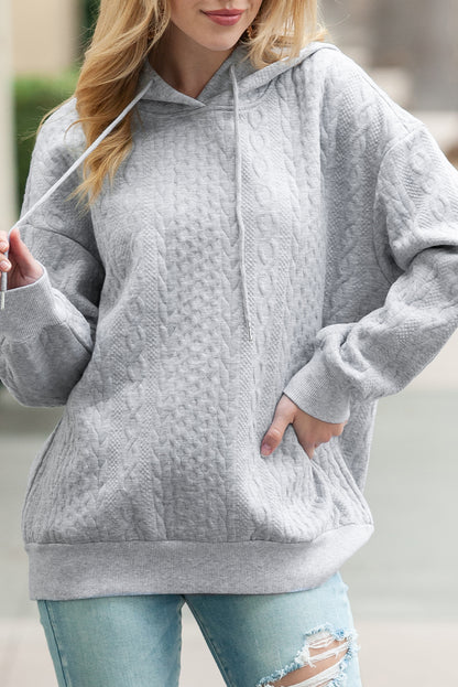 Gray Cable Textured Casual Drawstring Hoodie