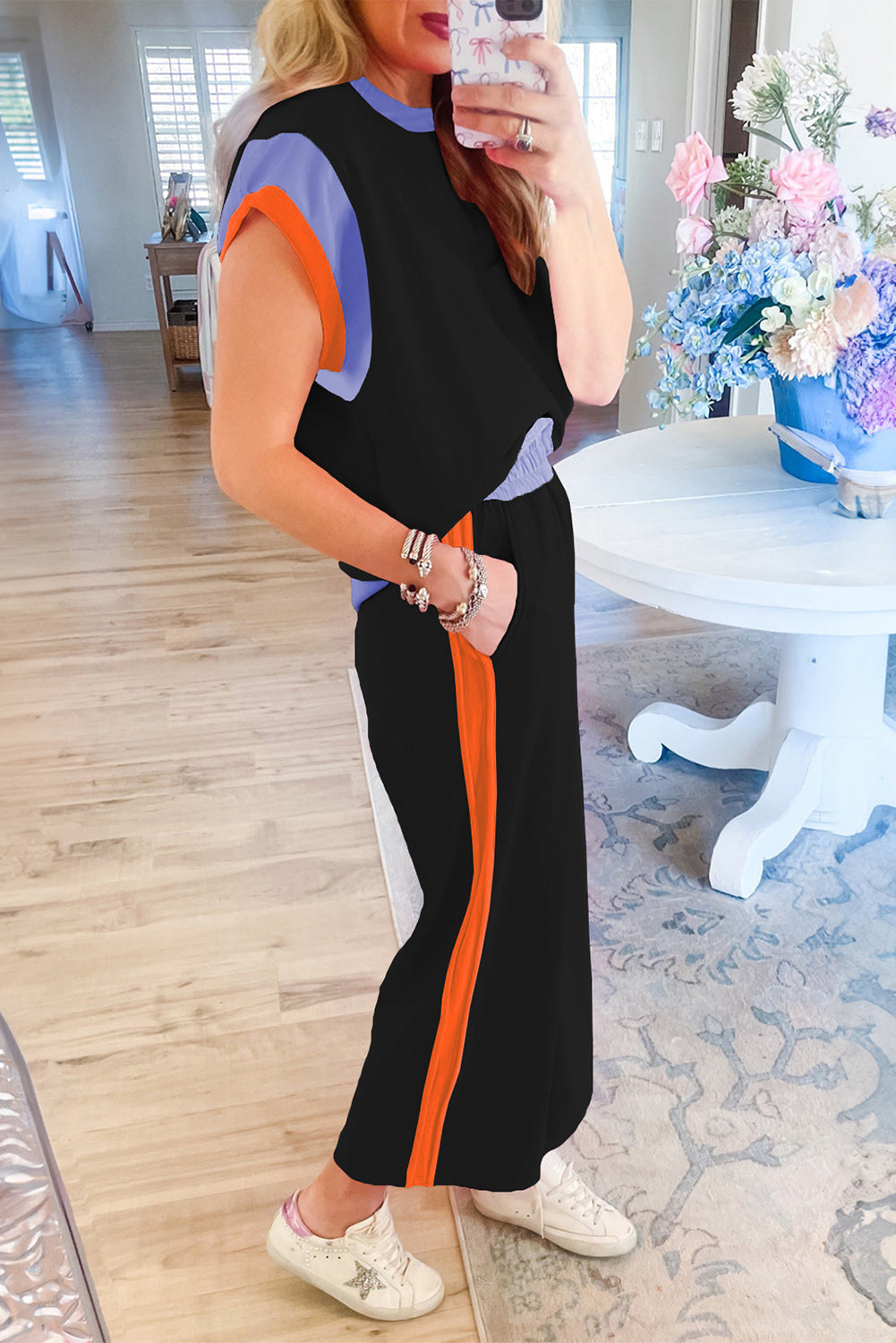 Black Colorblock Cap Sleeve Tee and Wide Leg Pants Set