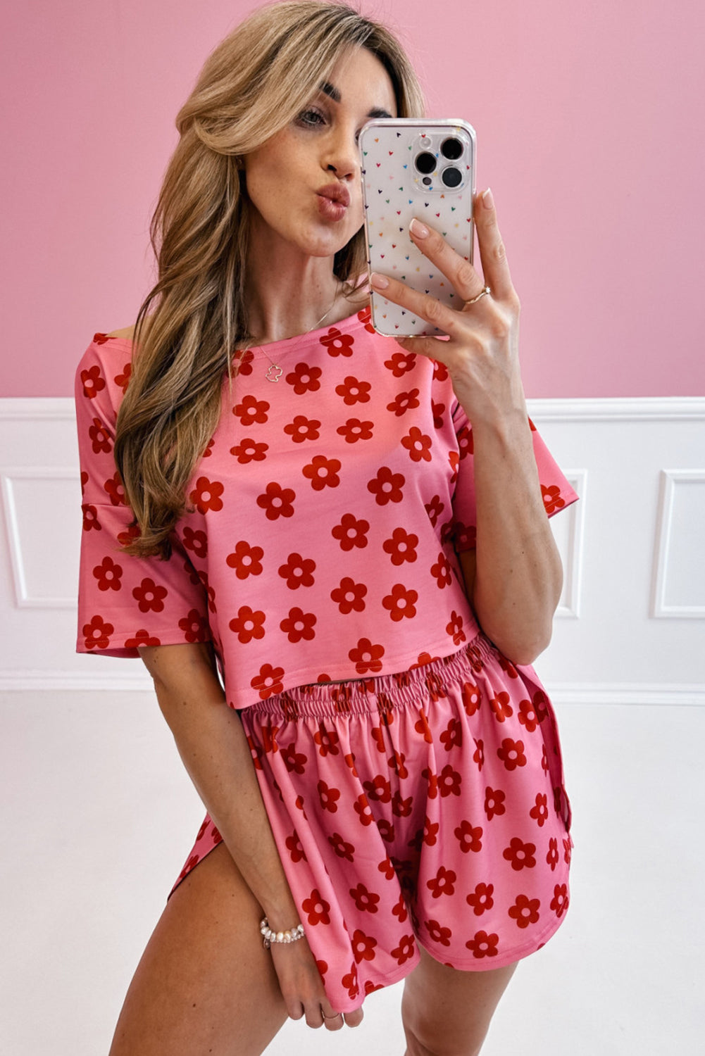 Rose Floral Print Crop Tee and Slits Shorts Pajama Set