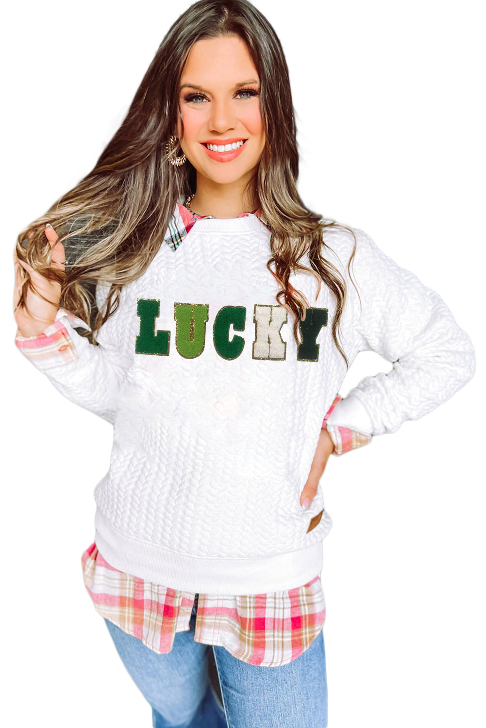 White Lucky Letter Patch Quilted Sweatshirt