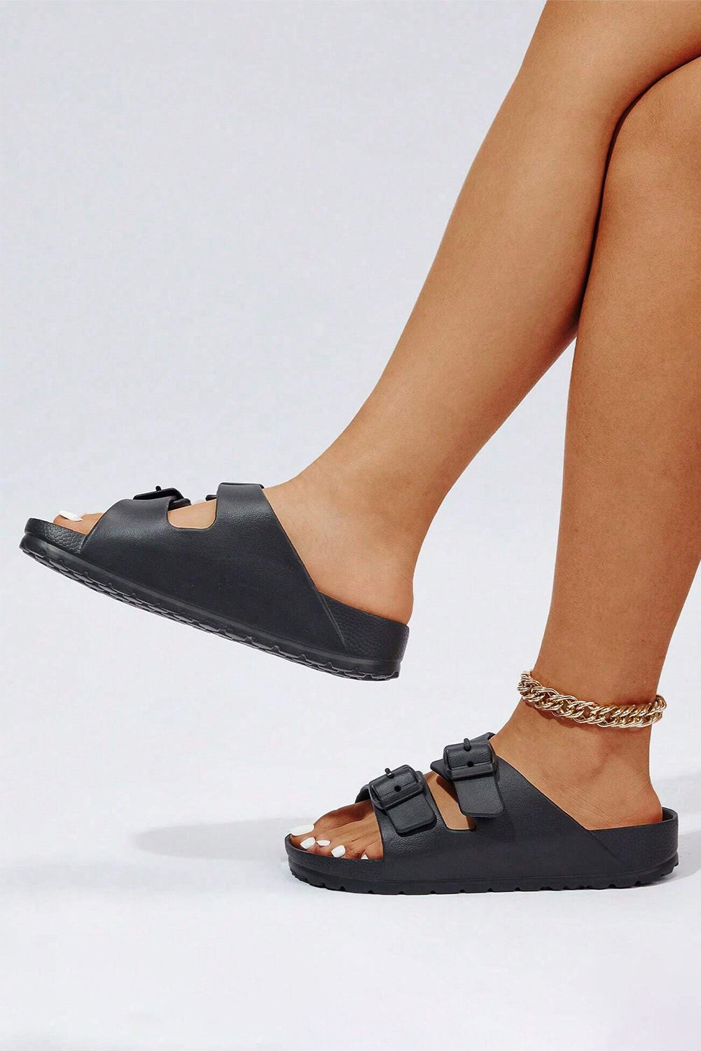 Black Solid Color Buckle Straps Beach Slides Shoes