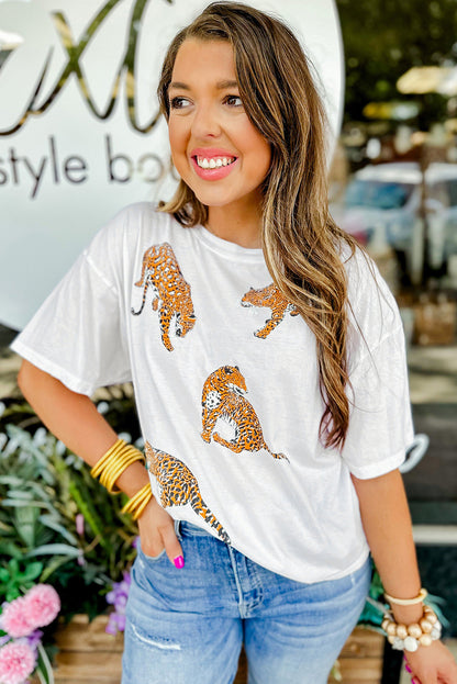 White Animal Print Round Neck T Shirt