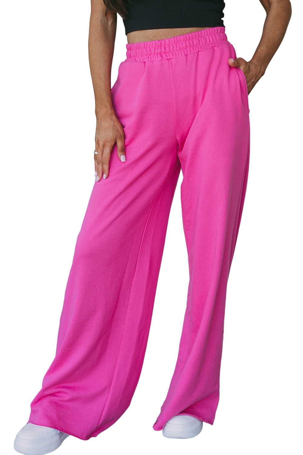 Rose Elastic High Waisted Wide Leg Sweatpants with Pockets