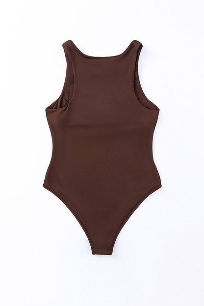 Brown Solid Color Crew Neck Plain Sleeveless Bodysuit