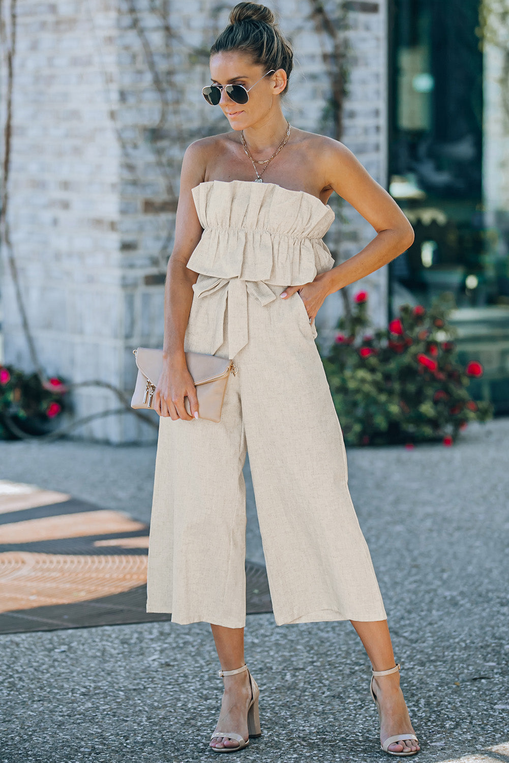 Beige Elegant Ruffled Strapless Wide Leg Jumpsuit