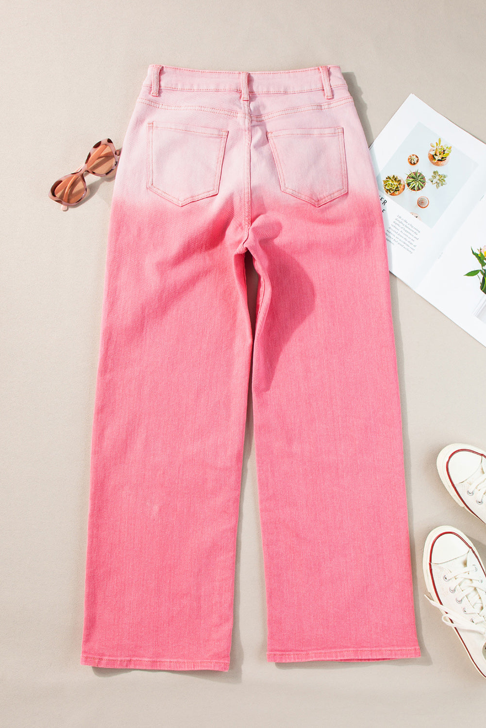 Pink Scattering Rhinestone Gradient Straight Jeans