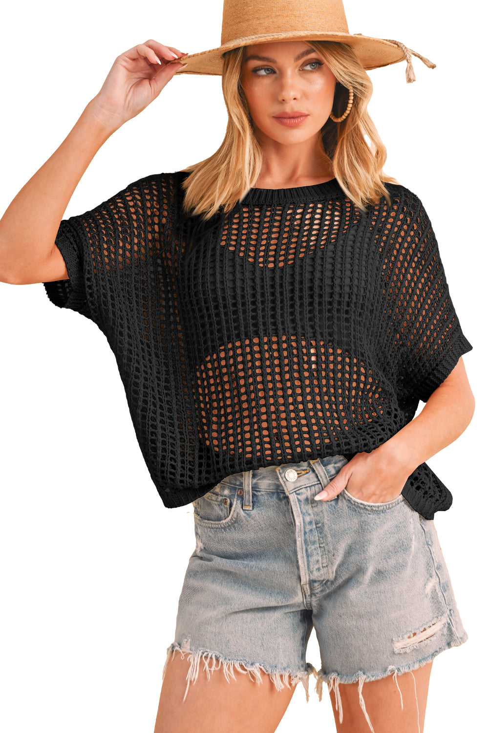 Apricot Fishnet Knit Ribbed Round Neck Short Sleeve Tee