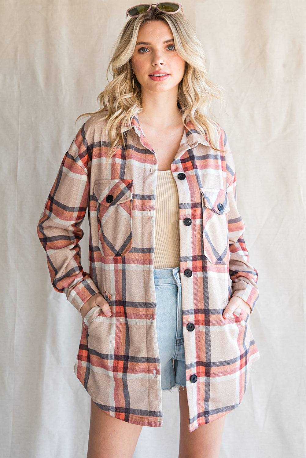 Khaki Plaid Casual Pockets Buttoned Shacket