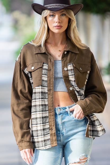 Sky Blue Plaid Patchwork Pockets Denim Jacket