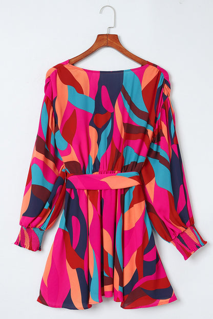 Red Abstract Printed Belted Puff Sleeve Short Dress