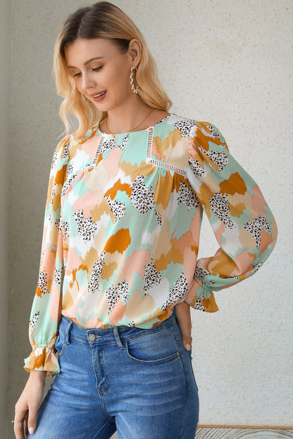 Multicolor Abstract Print Boho Frill Long Sleeve Blouse