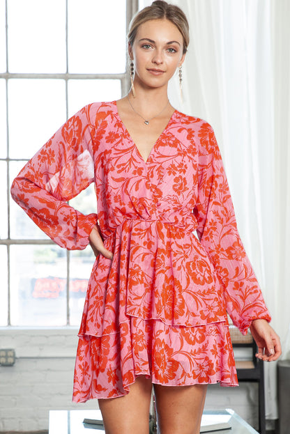 Red Floral Print Wrap V Neck Long Sleeve Boho Dress