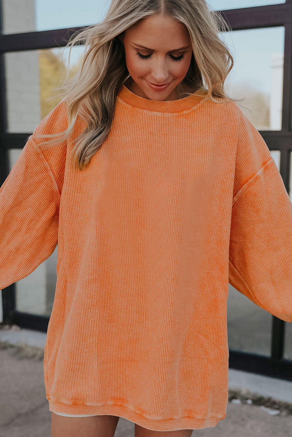 Orange Plain Drop Sleeve Rib-Knit Oversized Sweatshirt