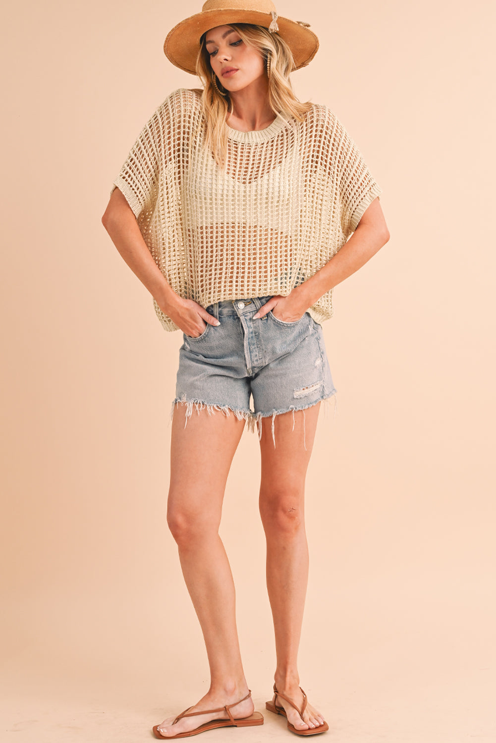 Apricot Fishnet Knit Ribbed Round Neck Short Sleeve Tee