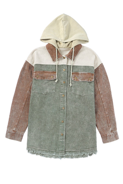 Khaki Patchwork Raw Hem Hooded Corduroy Jacket