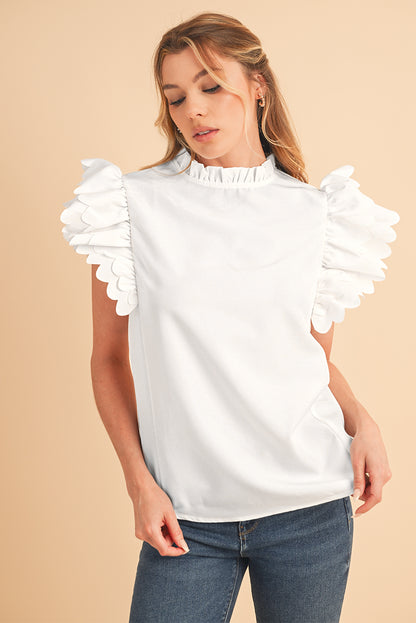 White Solid Color Scalloped Ruffle Sleeve Blouse