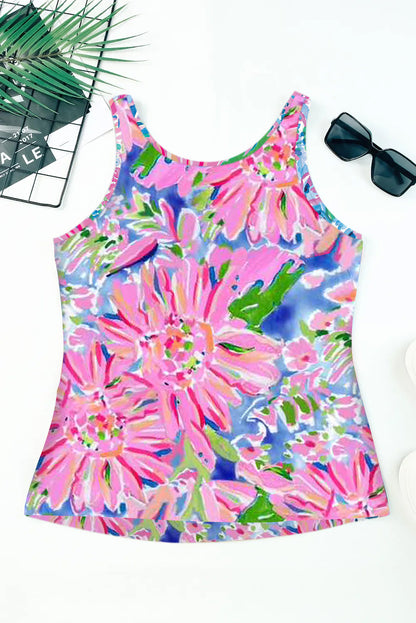 Pink Floral Print Notch Neck Tank Top