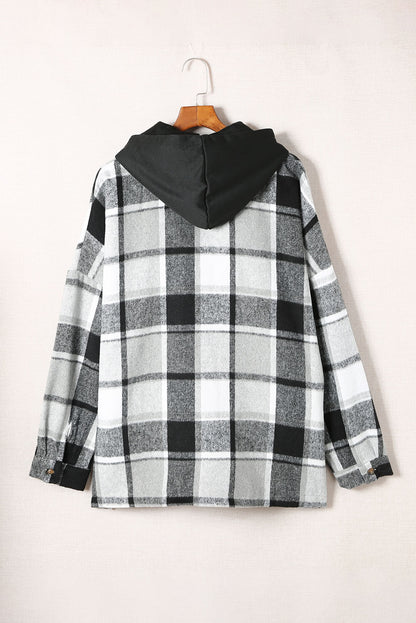 Orange Plaid Button Front Hooded Shacket