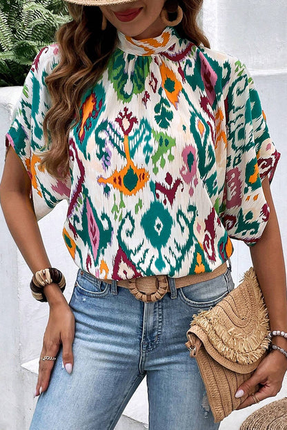 Multicolor Abstract Print Knot Back Half Sleeve Blouse